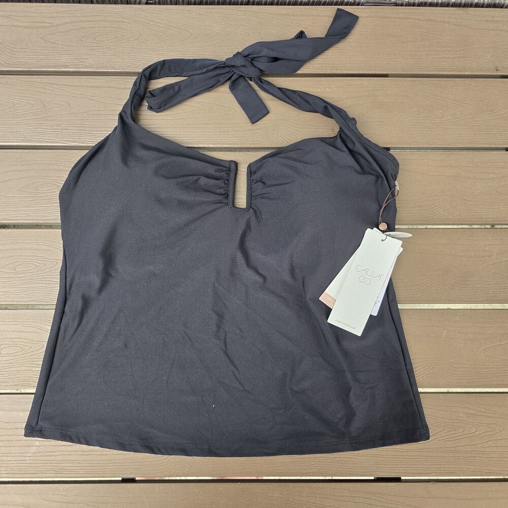 CALIA Women's Black U-Bar Halter Cami Tankini W/ Wide Band Bikini Sz 1X New - Picture 2 of 7